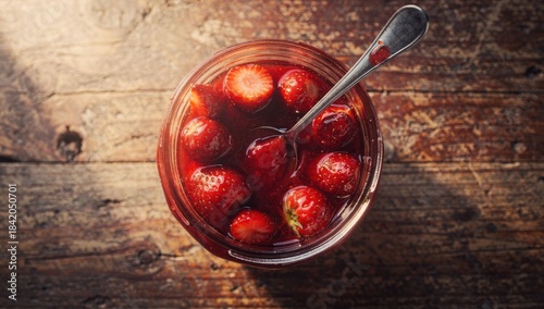 Rustic jar of sweet strawberries with a spoon on a wooden table