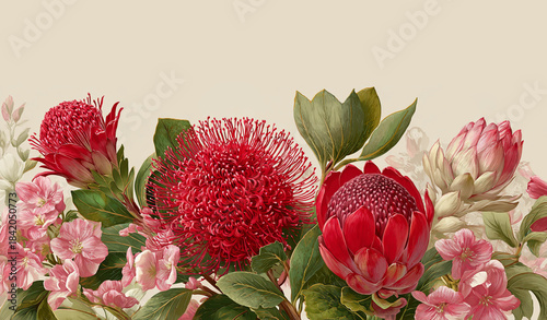 Watercolour abstract clip-art of protea flower. Pink protea. Set of exotic flowers on a creamy background. For wedding invitation cards scrapbooking posters planners, web, landing page, wallpaper