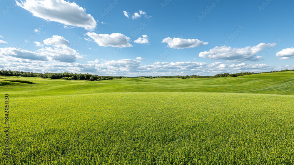 Obraz premium Green field rolling hills blue sky with fluffy clouds creating calm serene landscape