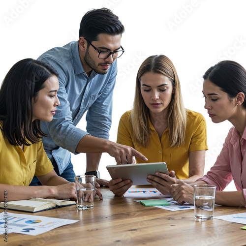 Diverse group of four professionals collaborating around a table using a tablet computer isolated on transparent background