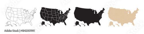 Maps of the United States in various styles, with black and gold lines on a white background.