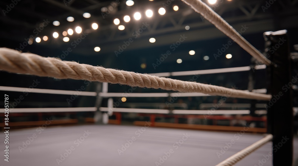 Fototapeta premium Dynamic Ringside View of Wrestling Match with Shaking Ropes and Intense Atmosphere