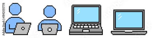 Set pixel laptop icon vector for retro tech games and 8-bit digital workspaces. Symbolizes computing, remote work, and simple pixelated devices.
