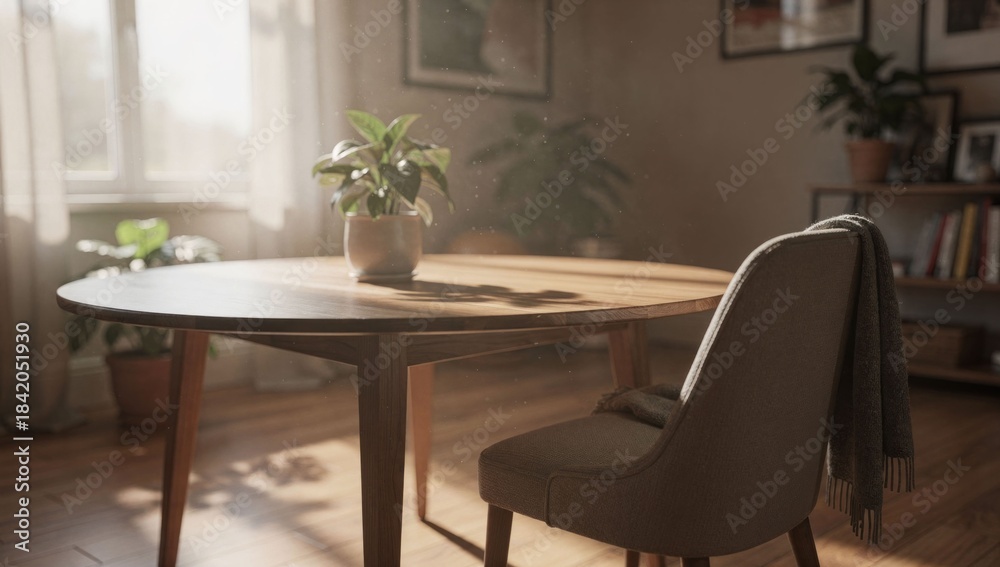 Fototapeta premium Warm, sunlit room with wooden table, plant, chair, and cozy blanket