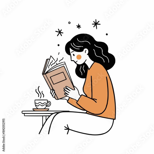 Woman Reading Book with Coffee Minimalist Illustration.
