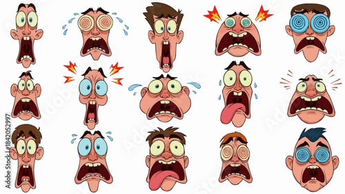 Collection of Cartoon Faces Expressing Various Emotions of Fear and Shock.