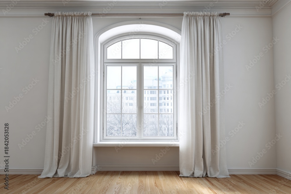 Fototapeta premium Bright arched window with white curtains overlooks a winter cityscape.