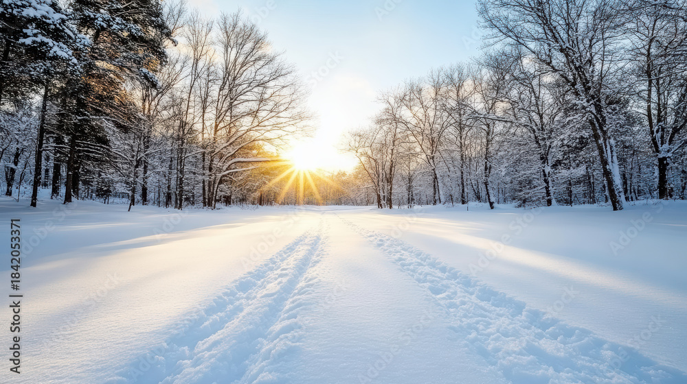 Obraz premium Snowy sunrise forest clearing with tire tracks leading into light