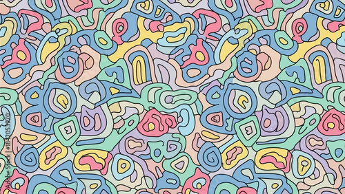 A vibrant and abstract pattern featuring a playful arrangement of organic shapes in pastel colors.