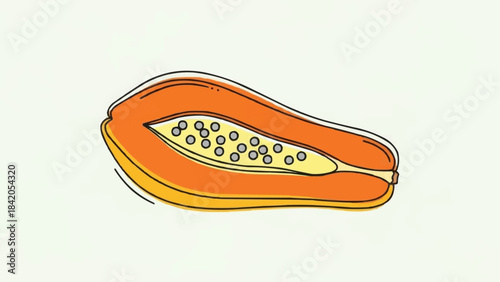 A vibrant illustration of a halved papaya fruit showcasing its juicy flesh and numerous seeds.