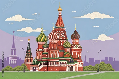 Vibrant flat illustration of Saint Basil's Cathedral in Moscow against a stylized city skyline and blue sky