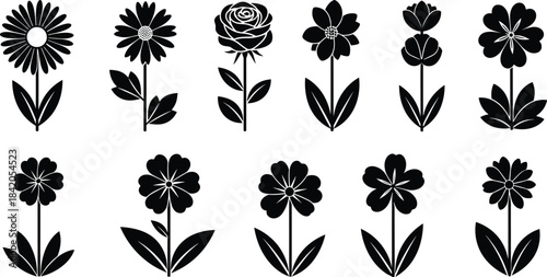 Black flower silhouette icon set, floral vector clipart, petal shape design, botanical graphic elements, minimal bloom illustration, nature art symbols