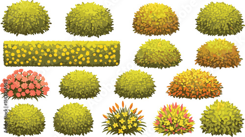 Cartoon bush vector set, colorful garden plants, seasonal foliage clipart, landscape design elements, nature shrub illustration, digital floral graphics