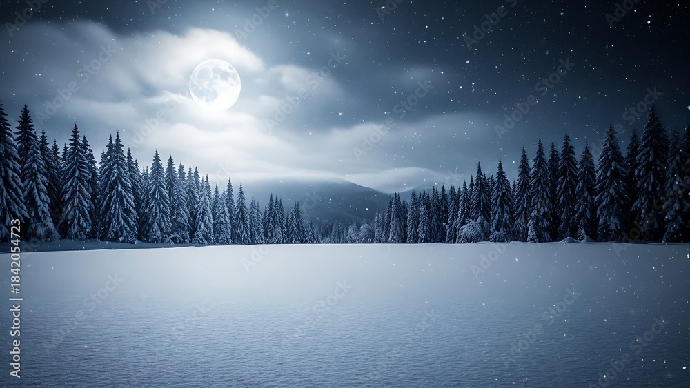Fototapeta premium Winter Night Snow Landscape Full Moon Over Frozen Lake and Pine Forest.
