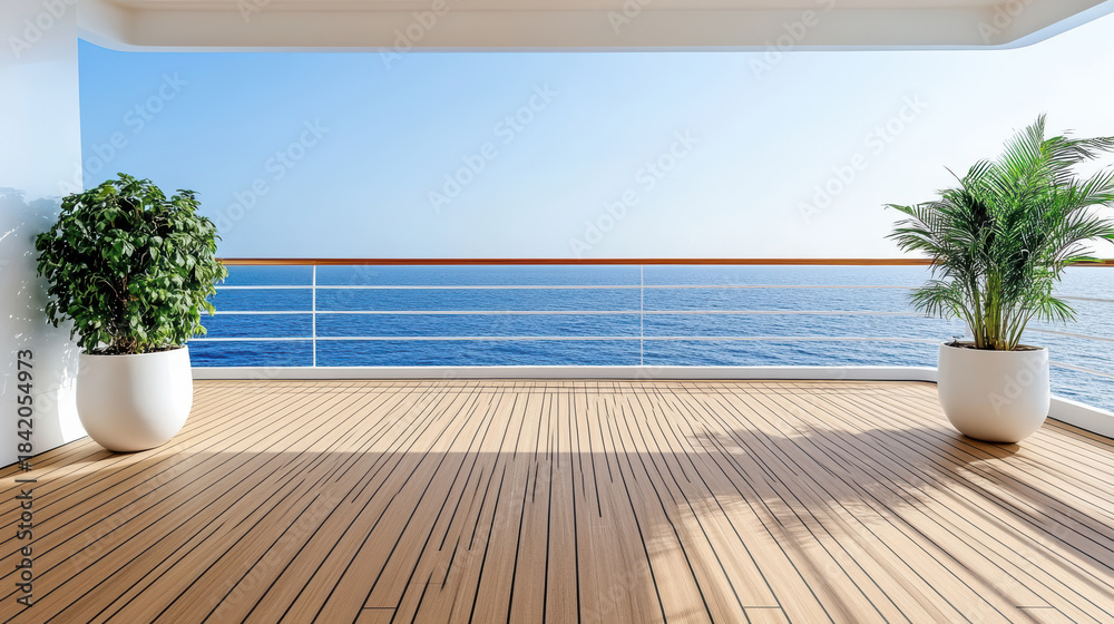 Obraz premium Spacious wooden deck balcony overlooking calm blue ocean horizon with potted plants and sunlight