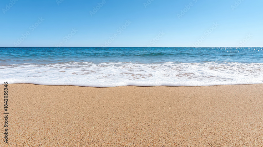 Fototapeta premium Wide sandy beach calm wave horizon blue sky peaceful seascape
