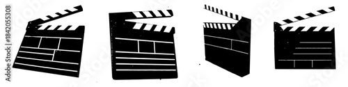 Set Black and White Silhouette clapper movie vector for video production. Symbolizes cinema, filming starts, and clean media tools.