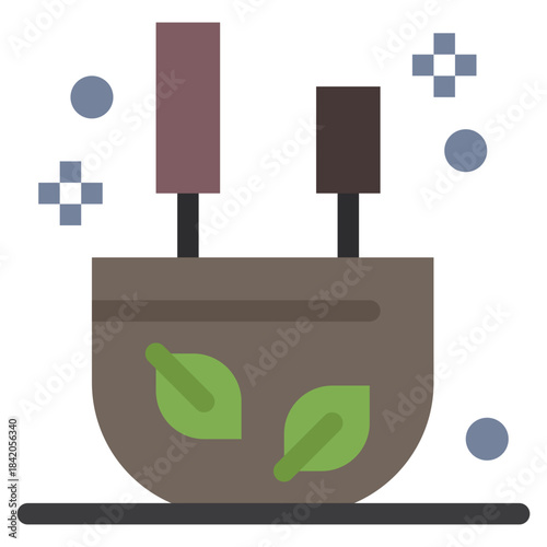 Herbal Skincare: A minimalist illustration of a bowl with two cosmetic tools and green leaves, symbolizing natural skincare rituals and eco-friendly wellness.