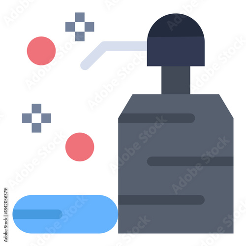 Cleanliness Icon: An illustration of a soap dispenser and soap, symbolizing hygiene and cleanliness. 