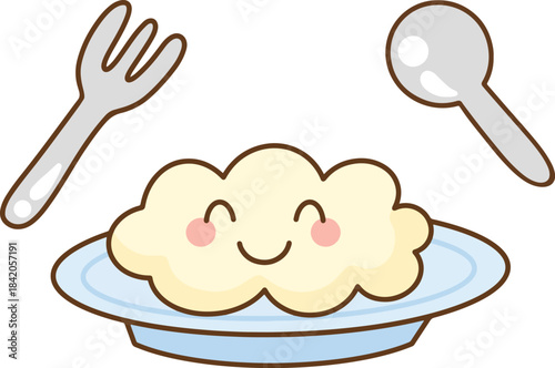 A cartoon image of a plate of rice with a smiley face, along with a fork and spoon.