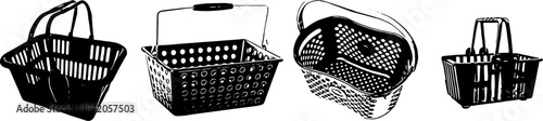 Set Black and White Silhouette shopping basket vector for retail interfaces. Symbolizes buying, groceries, and clean store equipment.
