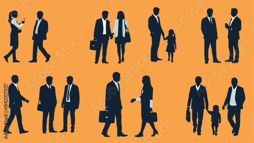 Silhouettes of business people and families in various interactions.