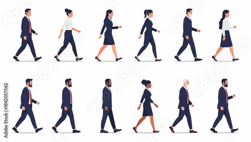 Diverse group of business people walking in a line.