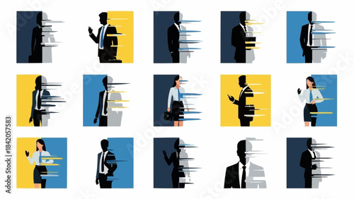 Silhouettes of diverse business people with motion blur effect.