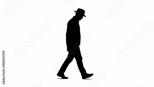 Silhouette of a man in a hat walking with his head down.