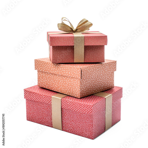 Three stacked gift boxes with red and gold wrapping paper and ribbons.