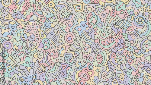 A complex, intricate, and whimsical seamless pattern featuring abstract doodle shapes in soft pastel colors.