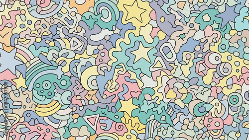 A whimsical and intricate abstract doodle pattern with pastel colors and various organic and geometric shapes.