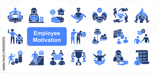 Employee Motivation icon set with Work environment, Work life balance, Team spirit, Recognition, Incentive, Rewards, Appreciation simple vector.