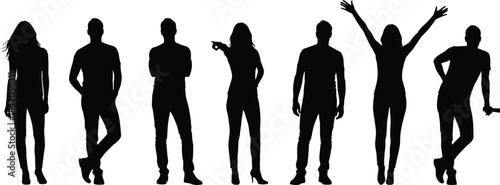 Silhouettes of people in expressive standing poses showing gestures, body language, and posture for design and illustration use