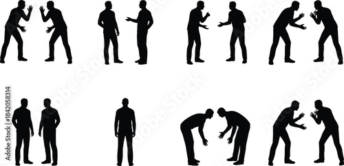 Silhouettes of people interacting through gestures, conversation, and expressive body language for communication, psychology, and design illustration use