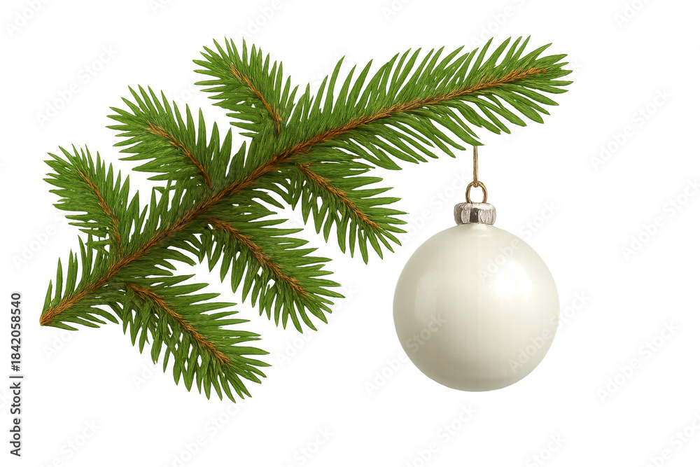 Fototapeta premium Fir branch with white christmas bauble hanging, elegant holiday season decoration on transparent background