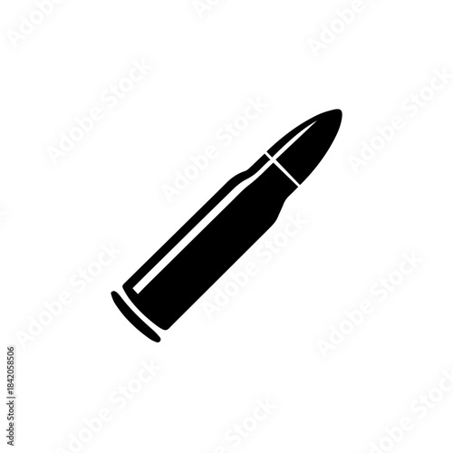 Sleek black silhouette of a single bullet for ammunition concept isolated on white background
