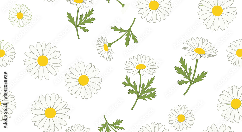 Obraz premium Seamless pattern with hand-drawn white and yellow daisy or chamomile flowers and green leaves scattered on a white background.