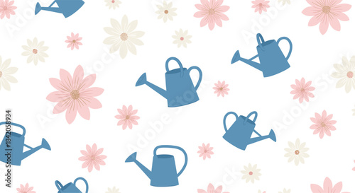 A sweet and simple seamless pattern with blue watering cans and pink and beige flowers on a clean white background.