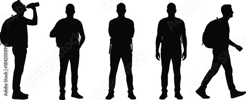 Silhouettes of people with backpacks, walking, standing, drinking, casual poses, travel, journey, lifestyle, outdoor activity, motion, gesture
