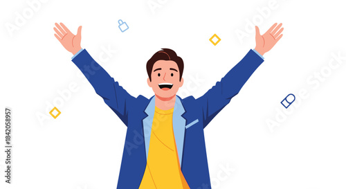 Happy young businessman in a blue suit celebrating a recent success with his arms raised triumphantly against a clean white background.