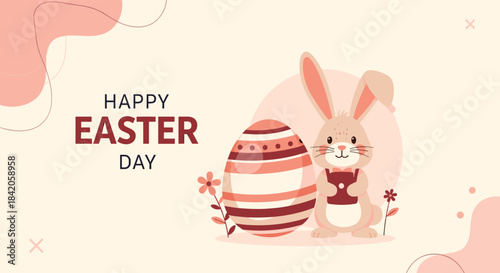 A cute Happy Easter Day banner with a bunny, a large decorated egg, and flowers on a soft pink abstract background.