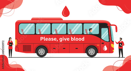 Red mobile blood donation bus with the message 'please give blood' on the side, with staff ready to welcome donors for the cause.