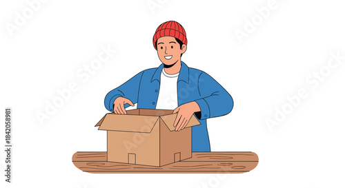 Young man wearing a red beanie and blue shirt smiling happily while opening a large cardboard delivery box on a wooden table.