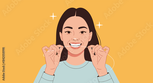 Happy young woman with a bright smile demonstrating proper dental hygiene by flossing her clean, healthy white teeth daily.