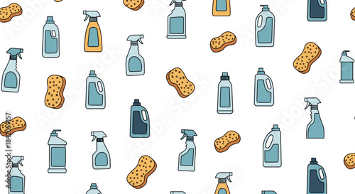 Seamless repeating pattern of various cleaning supplies, including spray bottles, detergents, and sponges on a white background.