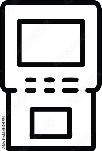 Stylized black and white vector icon representing a banking automated teller machine with screen and keypad