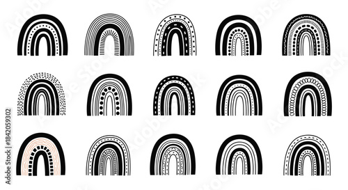 Set of fifteen hand-drawn abstract black and white rainbows with various doodle patterns for modern bohemian style decorations.