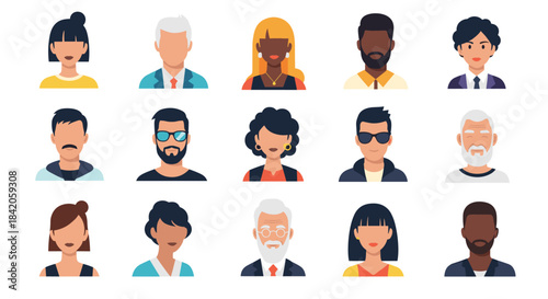 Diverse set of fifteen people avatars, featuring men and women of different ages, ethnicities, and styles for user profiles.