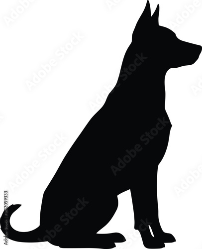Sitting dog silhouette, alert posture, pet icon, black vector, canine graphic, guard dog shape, logo design, animal illustration
